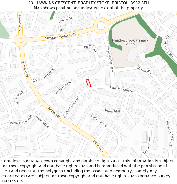 23, HAWKINS CRESCENT, BRADLEY STOKE, BRISTOL, BS32 8EH: Location map and indicative extent of plot