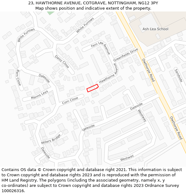 23, HAWTHORNE AVENUE, COTGRAVE, NOTTINGHAM, NG12 3PY: Location map and indicative extent of plot