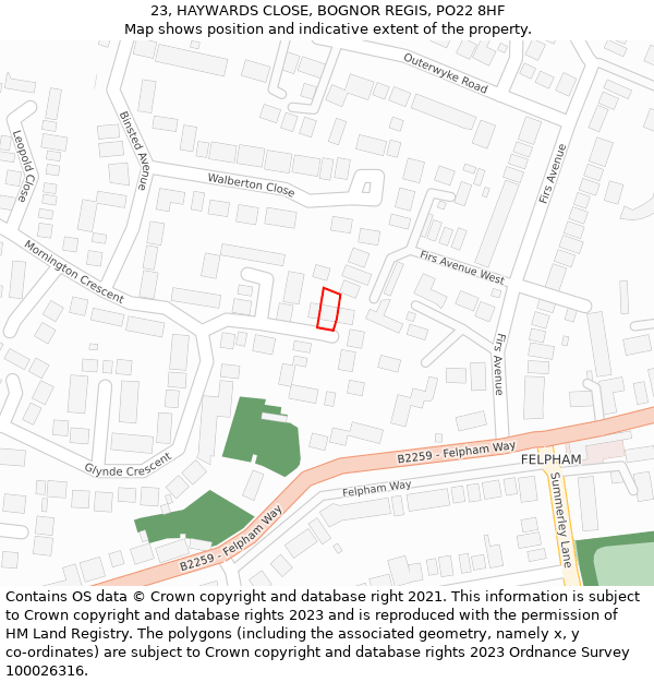 23, HAYWARDS CLOSE, BOGNOR REGIS, PO22 8HF: Location map and indicative extent of plot