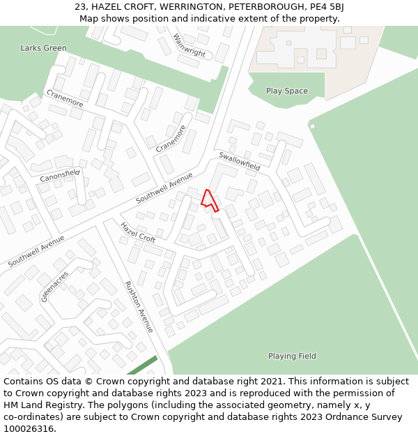 23, HAZEL CROFT, WERRINGTON, PETERBOROUGH, PE4 5BJ: Location map and indicative extent of plot