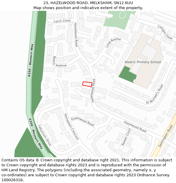 23, HAZELWOOD ROAD, MELKSHAM, SN12 6UU: Location map and indicative extent of plot