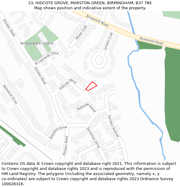23, HIDCOTE GROVE, MARSTON GREEN, BIRMINGHAM, B37 7BE: Location map and indicative extent of plot