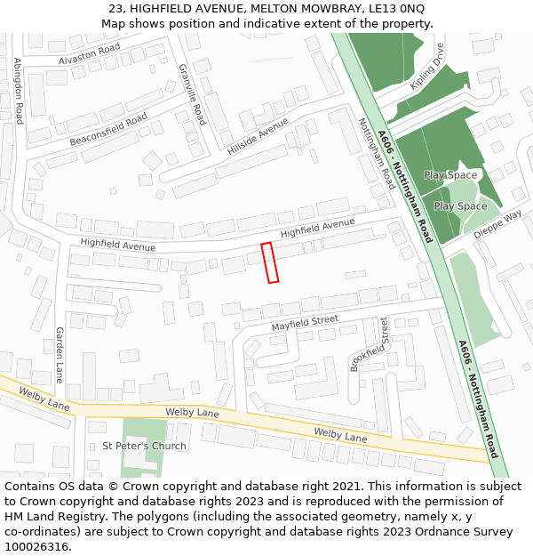 23, HIGHFIELD AVENUE, MELTON MOWBRAY, LE13 0NQ: Location map and indicative extent of plot