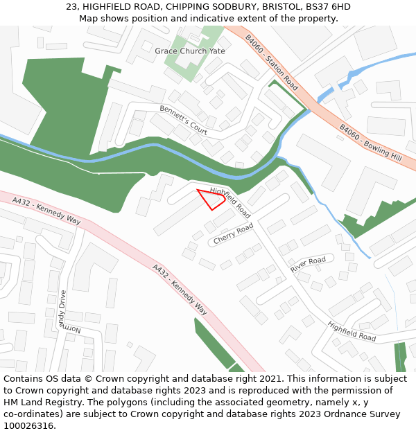 23, HIGHFIELD ROAD, CHIPPING SODBURY, BRISTOL, BS37 6HD: Location map and indicative extent of plot