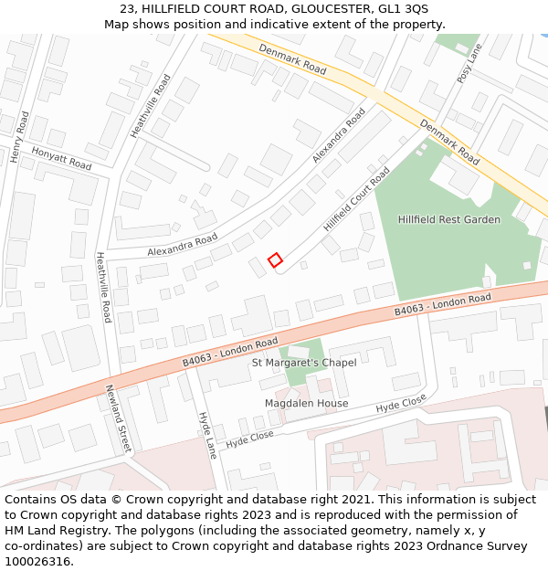 23, HILLFIELD COURT ROAD, GLOUCESTER, GL1 3QS: Location map and indicative extent of plot