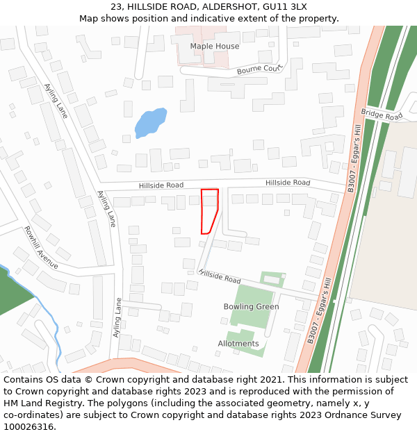 23, HILLSIDE ROAD, ALDERSHOT, GU11 3LX: Location map and indicative extent of plot