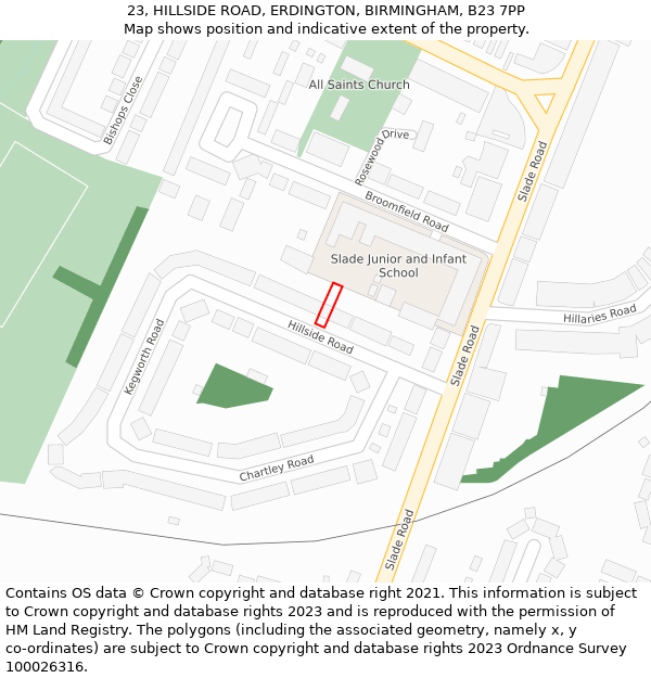 23, HILLSIDE ROAD, ERDINGTON, BIRMINGHAM, B23 7PP: Location map and indicative extent of plot