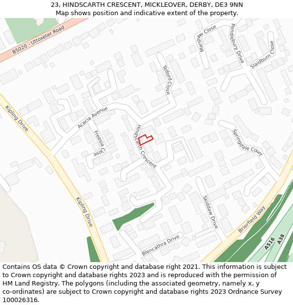 23, HINDSCARTH CRESCENT, MICKLEOVER, DERBY, DE3 9NN: Location map and indicative extent of plot