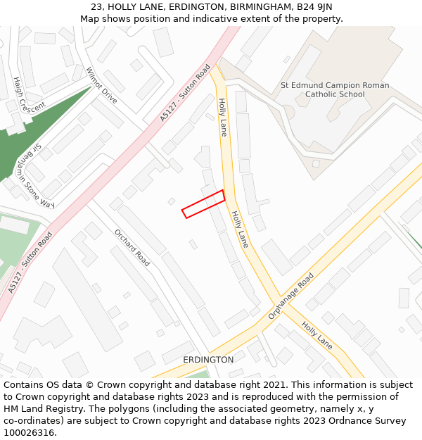 23, HOLLY LANE, ERDINGTON, BIRMINGHAM, B24 9JN: Location map and indicative extent of plot