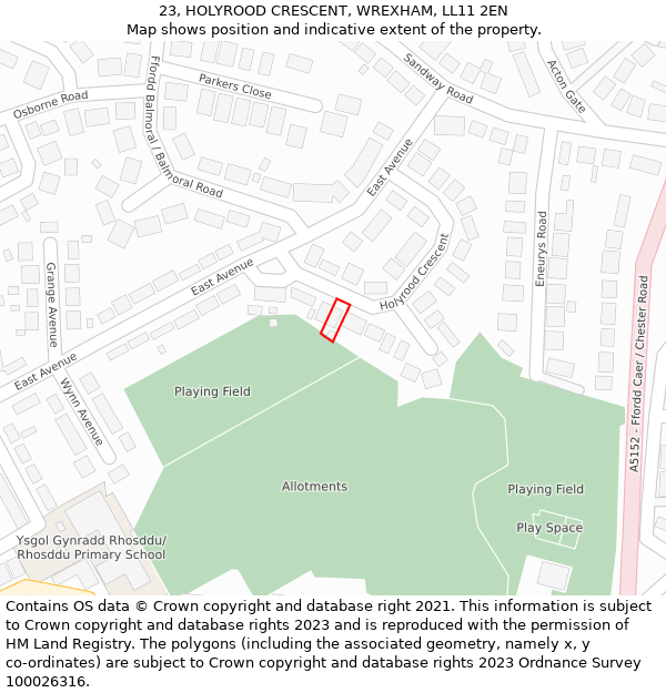 23, HOLYROOD CRESCENT, WREXHAM, LL11 2EN: Location map and indicative extent of plot