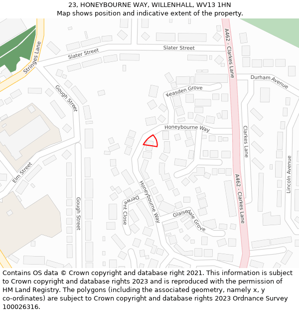 23, HONEYBOURNE WAY, WILLENHALL, WV13 1HN: Location map and indicative extent of plot
