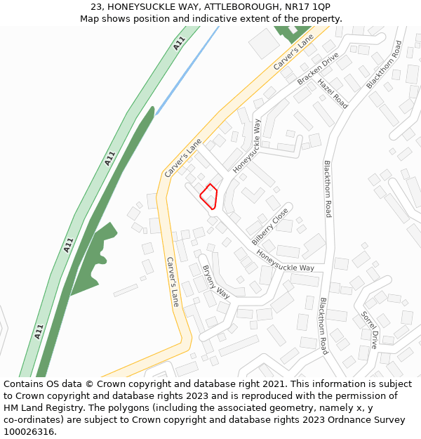 23, HONEYSUCKLE WAY, ATTLEBOROUGH, NR17 1QP: Location map and indicative extent of plot