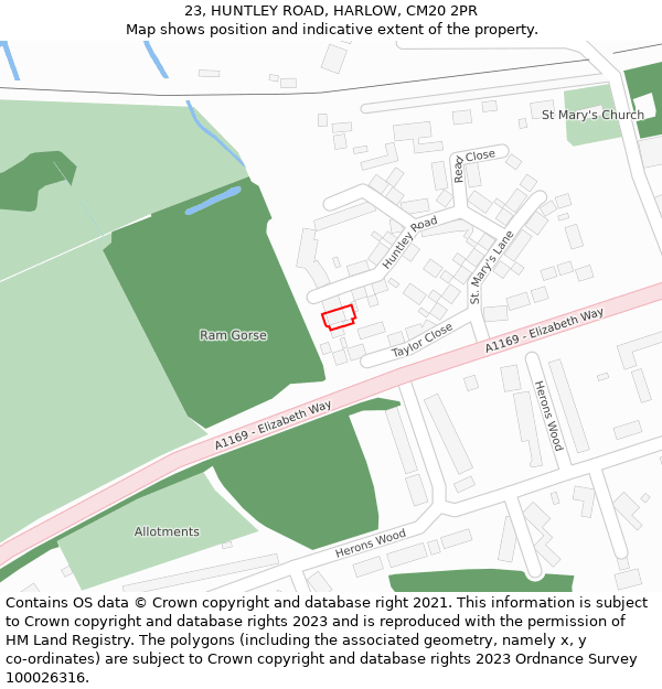 23, HUNTLEY ROAD, HARLOW, CM20 2PR: Location map and indicative extent of plot