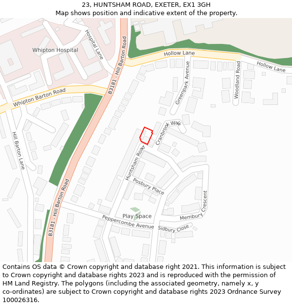 23, HUNTSHAM ROAD, EXETER, EX1 3GH: Location map and indicative extent of plot