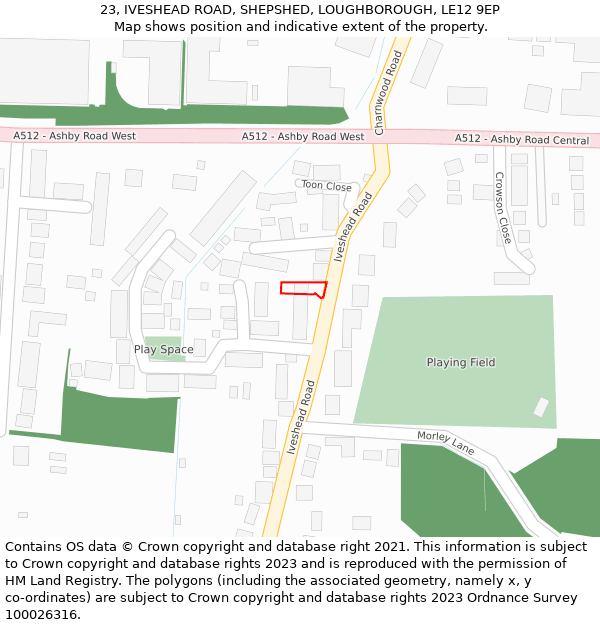 23, IVESHEAD ROAD, SHEPSHED, LOUGHBOROUGH, LE12 9EP: Location map and indicative extent of plot