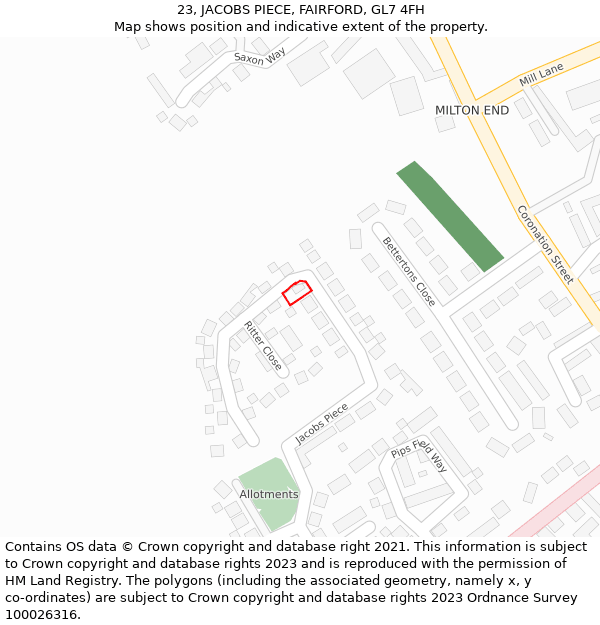 23, JACOBS PIECE, FAIRFORD, GL7 4FH: Location map and indicative extent of plot