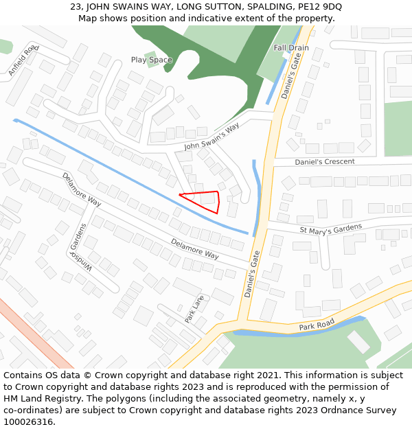 23, JOHN SWAINS WAY, LONG SUTTON, SPALDING, PE12 9DQ: Location map and indicative extent of plot