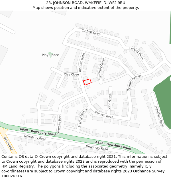 23, JOHNSON ROAD, WAKEFIELD, WF2 9BU: Location map and indicative extent of plot