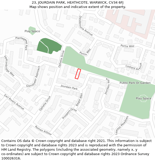 23, JOURDAIN PARK, HEATHCOTE, WARWICK, CV34 6FJ: Location map and indicative extent of plot