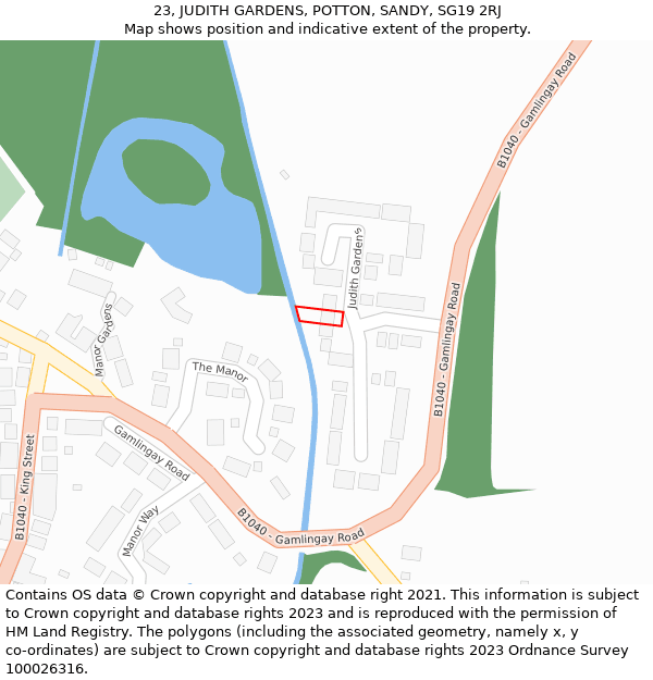 23, JUDITH GARDENS, POTTON, SANDY, SG19 2RJ: Location map and indicative extent of plot