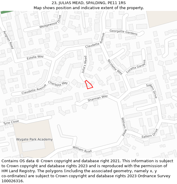 23, JULIAS MEAD, SPALDING, PE11 1RS: Location map and indicative extent of plot