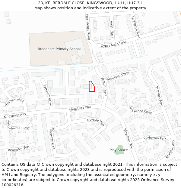 23, KELBERDALE CLOSE, KINGSWOOD, HULL, HU7 3JL: Location map and indicative extent of plot