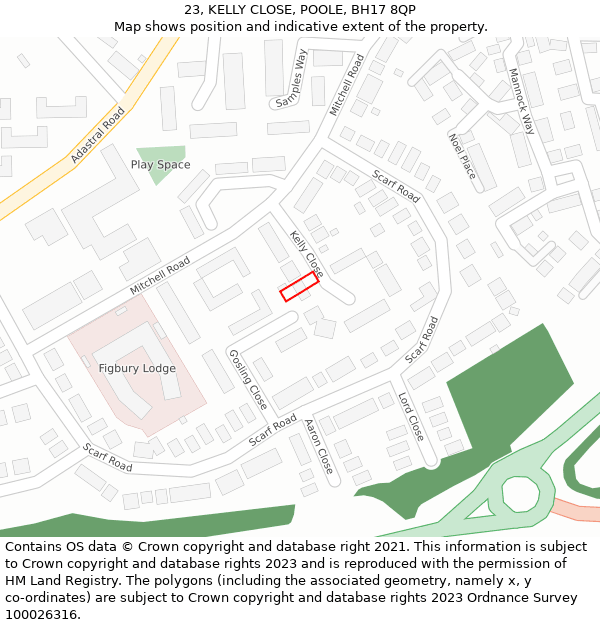 23, KELLY CLOSE, POOLE, BH17 8QP: Location map and indicative extent of plot