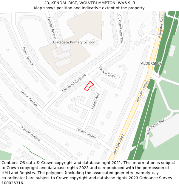 23, KENDAL RISE, WOLVERHAMPTON, WV6 9LB: Location map and indicative extent of plot