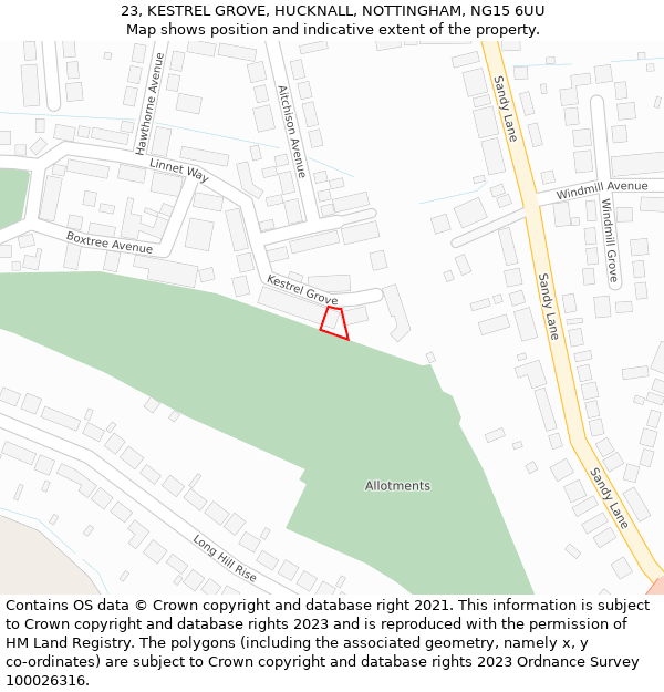 23, KESTREL GROVE, HUCKNALL, NOTTINGHAM, NG15 6UU: Location map and indicative extent of plot