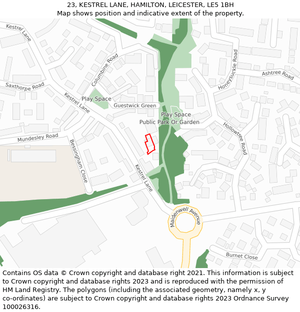 23, KESTREL LANE, HAMILTON, LEICESTER, LE5 1BH: Location map and indicative extent of plot