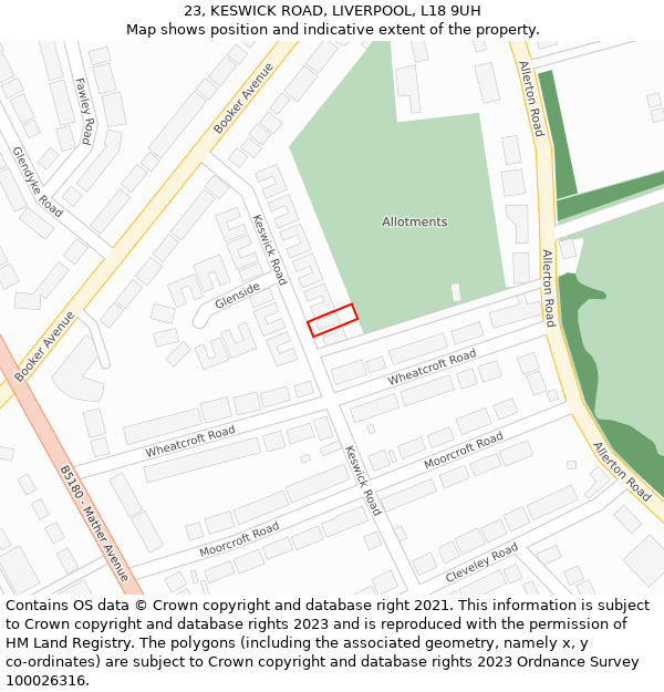 23, KESWICK ROAD, LIVERPOOL, L18 9UH: Location map and indicative extent of plot