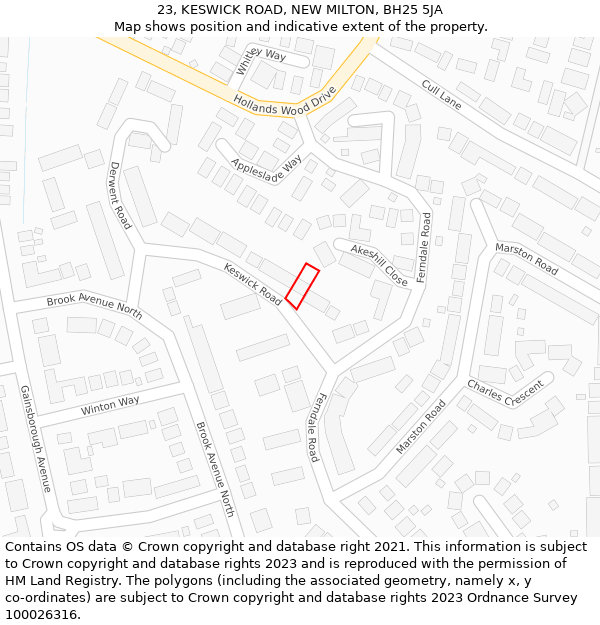 23, KESWICK ROAD, NEW MILTON, BH25 5JA: Location map and indicative extent of plot