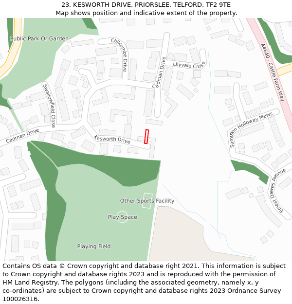 23, KESWORTH DRIVE, PRIORSLEE, TELFORD, TF2 9TE: Location map and indicative extent of plot