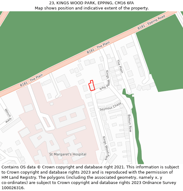 23, KINGS WOOD PARK, EPPING, CM16 6FA: Location map and indicative extent of plot