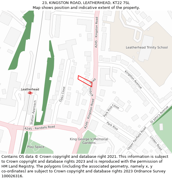 23, KINGSTON ROAD, LEATHERHEAD, KT22 7SL: Location map and indicative extent of plot