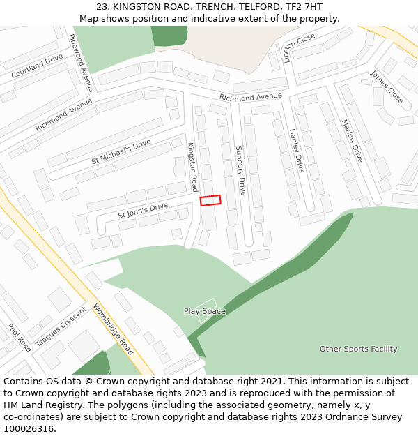 23, KINGSTON ROAD, TRENCH, TELFORD, TF2 7HT: Location map and indicative extent of plot