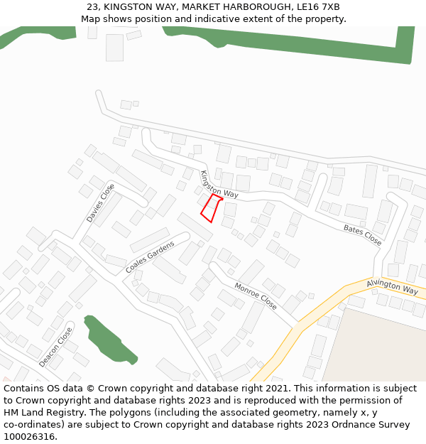 23, KINGSTON WAY, MARKET HARBOROUGH, LE16 7XB: Location map and indicative extent of plot