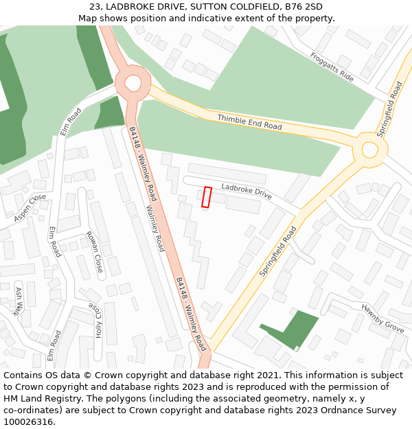23, LADBROKE DRIVE, SUTTON COLDFIELD, B76 2SD: Location map and indicative extent of plot
