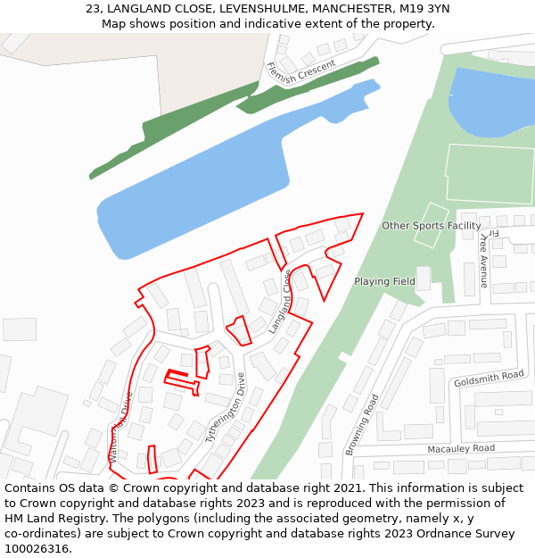 23, LANGLAND CLOSE, LEVENSHULME, MANCHESTER, M19 3YN: Location map and indicative extent of plot