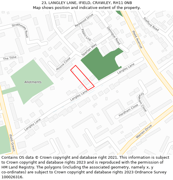 23, LANGLEY LANE, IFIELD, CRAWLEY, RH11 0NB: Location map and indicative extent of plot