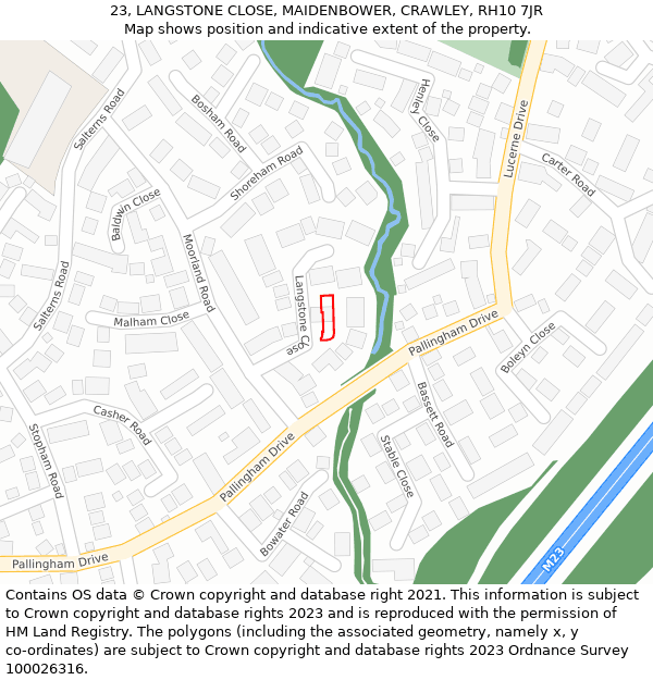 23, LANGSTONE CLOSE, MAIDENBOWER, CRAWLEY, RH10 7JR: Location map and indicative extent of plot