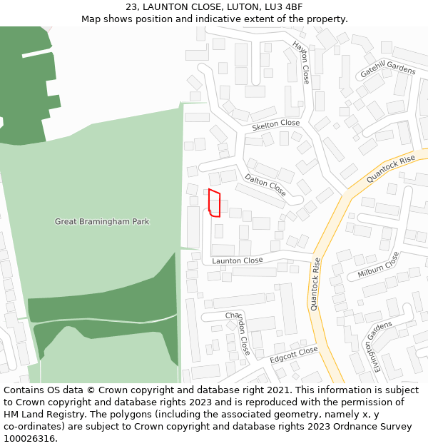 23, LAUNTON CLOSE, LUTON, LU3 4BF: Location map and indicative extent of plot