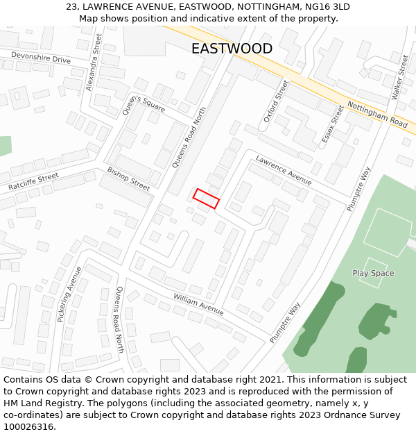 23, LAWRENCE AVENUE, EASTWOOD, NOTTINGHAM, NG16 3LD: Location map and indicative extent of plot