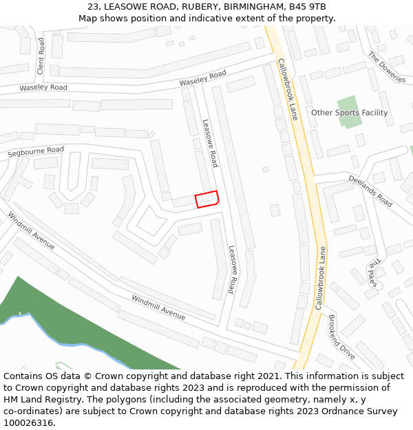 23, LEASOWE ROAD, RUBERY, BIRMINGHAM, B45 9TB: Location map and indicative extent of plot