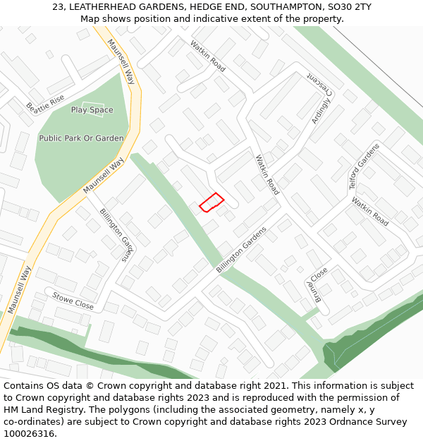 23, LEATHERHEAD GARDENS, HEDGE END, SOUTHAMPTON, SO30 2TY: Location map and indicative extent of plot