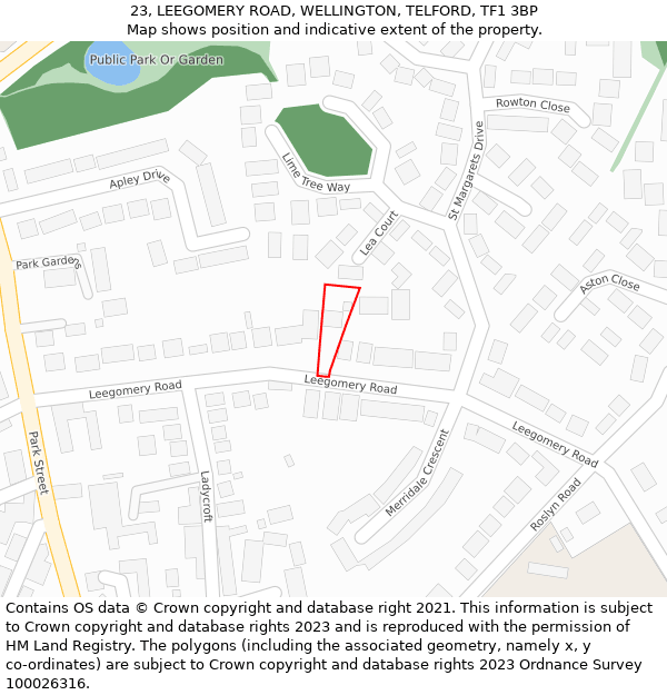 23, LEEGOMERY ROAD, WELLINGTON, TELFORD, TF1 3BP: Location map and indicative extent of plot