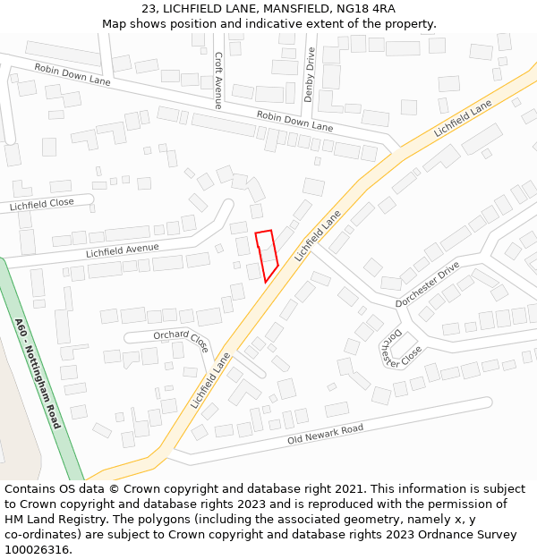 23, LICHFIELD LANE, MANSFIELD, NG18 4RA: Location map and indicative extent of plot