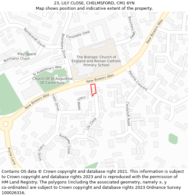 23, LILY CLOSE, CHELMSFORD, CM1 6YN: Location map and indicative extent of plot