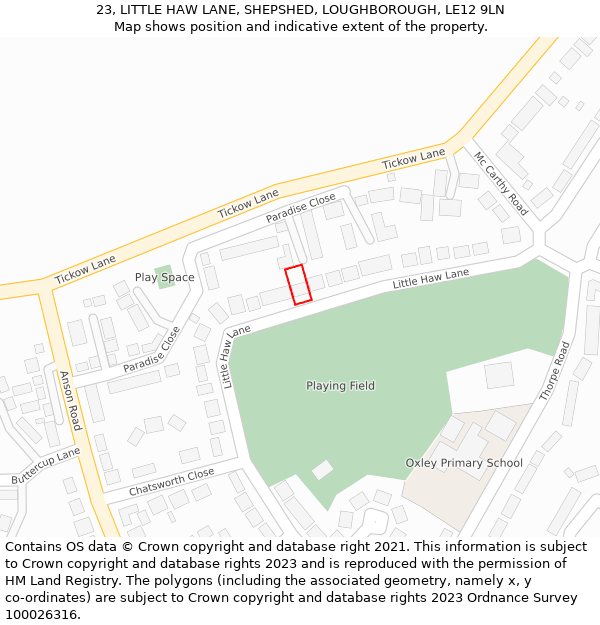 23, LITTLE HAW LANE, SHEPSHED, LOUGHBOROUGH, LE12 9LN: Location map and indicative extent of plot