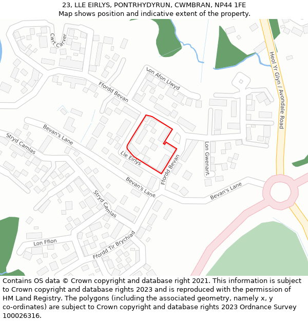 23, LLE EIRLYS, PONTRHYDYRUN, CWMBRAN, NP44 1FE: Location map and indicative extent of plot